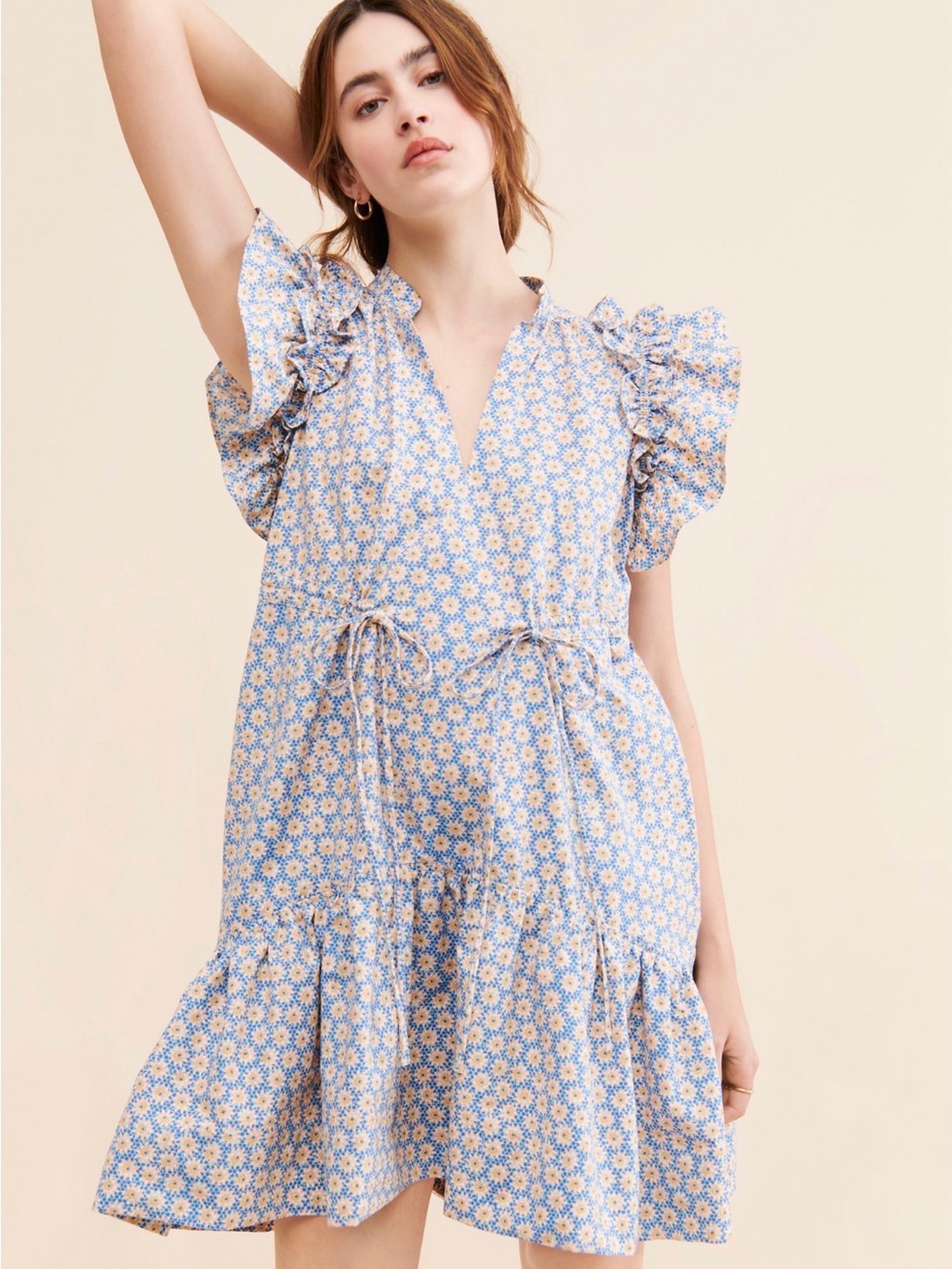 Anthropologie Blue and Yellow Daisy Tiered Mini Dress
